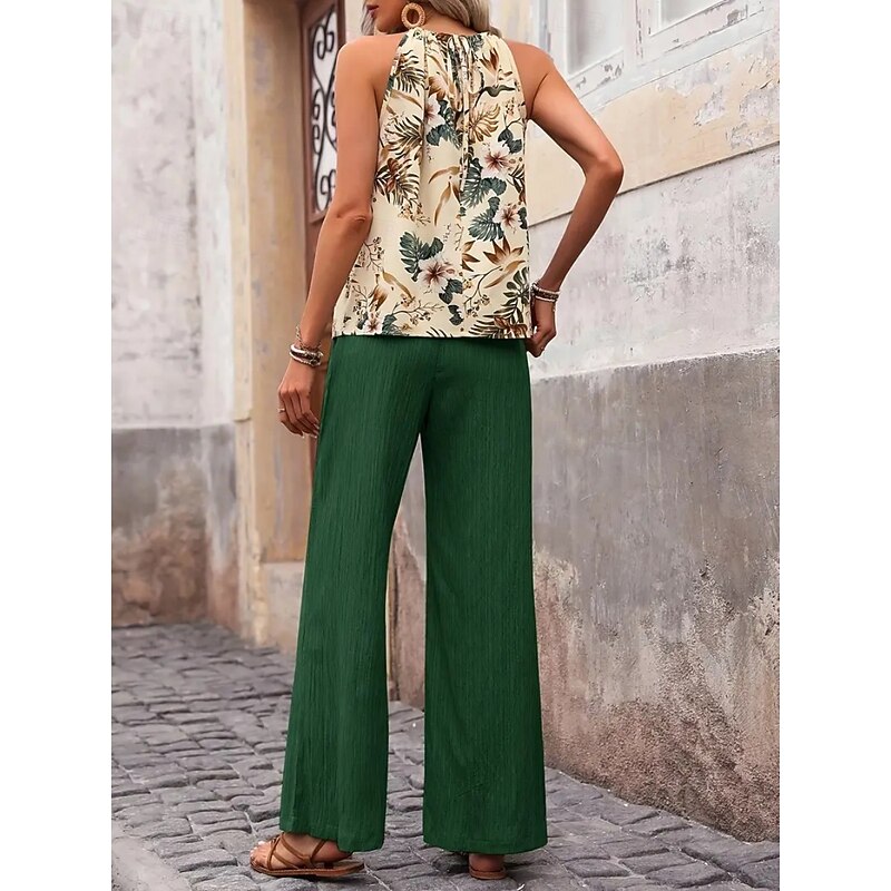 Women's Fashion Streetwear Daily Pants Sets Sleeveless Halter Neck Floral Print Casual Daily Navy Blue Royal Blue Blue Summer Regular Fit2