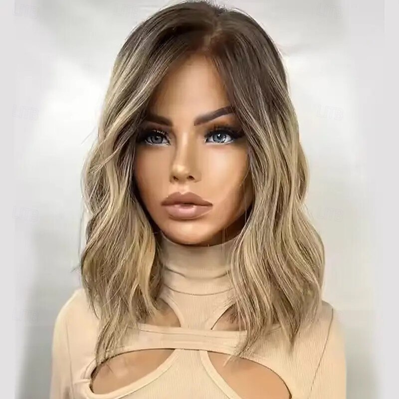 Remy Human Hair 5x5 Closure 13x4 Lace Front Wig Short Bob Brazilian Hair Wavy Blonde Multi-color Wig 130% 150% Density with Baby Hair Highlighted / Balayage Hair 100% Virgin Glueless Pre-Plucked For4