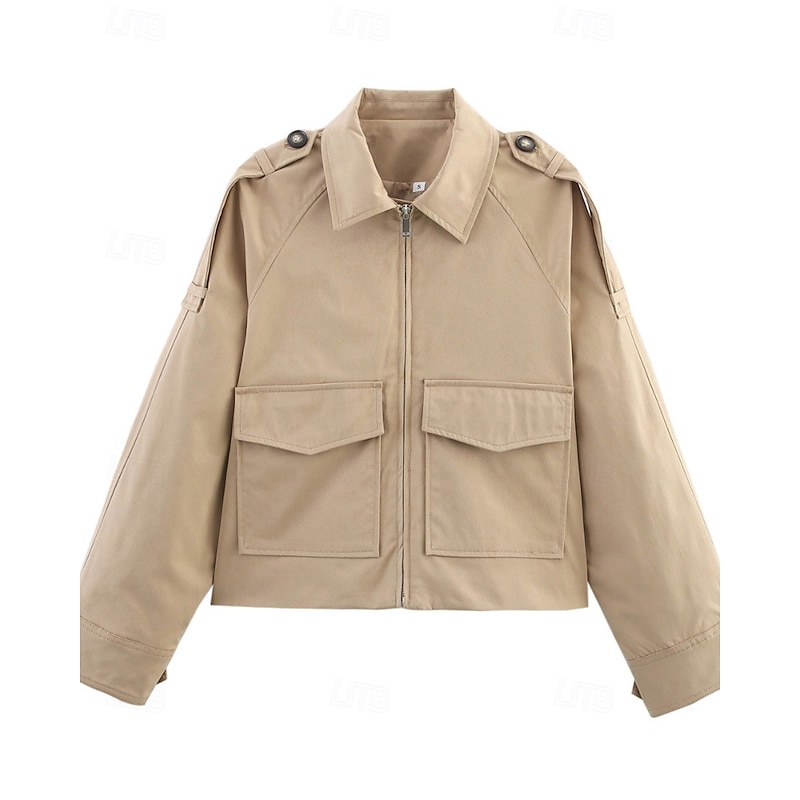 Women's Casual Jacket Trench Coat Comfortable Zipper Pocket Fashion Outdoor Plain Outdoor Vacation Zipper Short Turndown Regular Fit Long Sleeve Outerwear Black Green Khaki Fall Winter