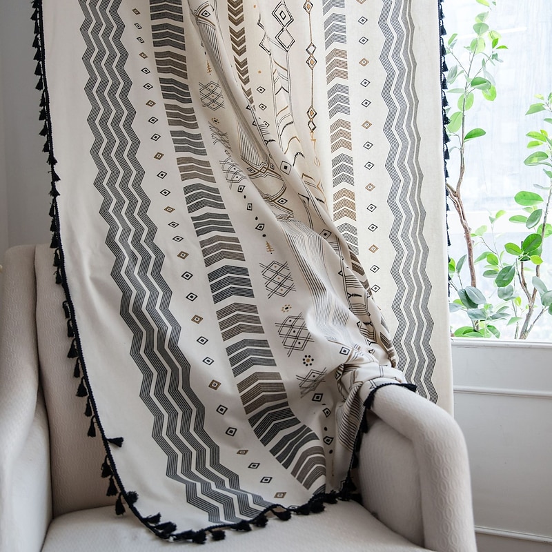 Boho Cotton Linen Curtains with Tassels Geometric Semi Blackout Print Farmhouse Bohemian Window Curtains for Living Room Rod Pocket Drapes 1 Panel3