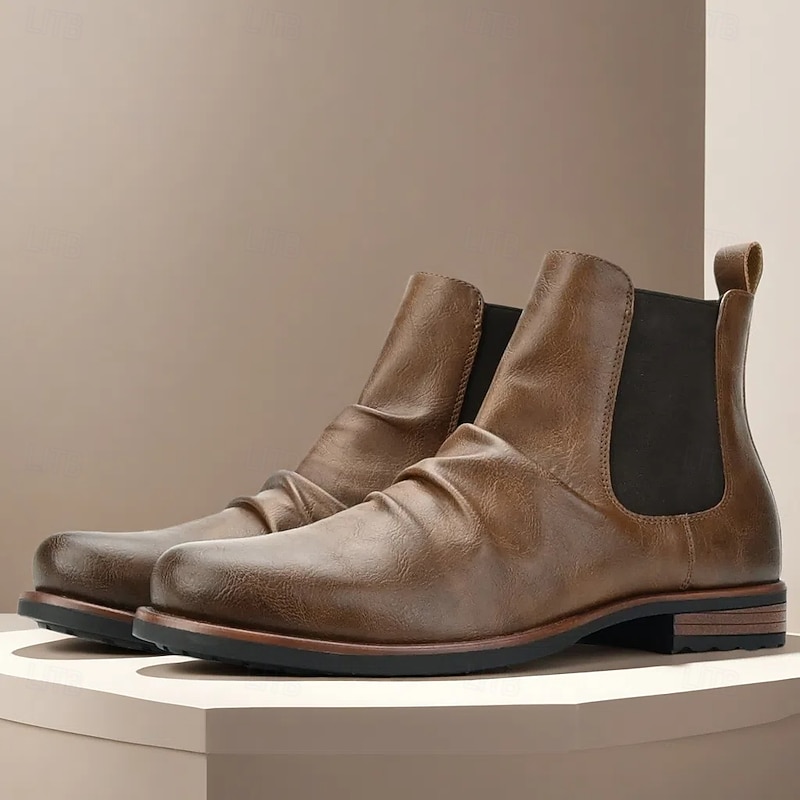 Men's Brown Faux Leather Chelsea Boots – Sleek and Modern with Elastic Sides, Ideal for Formal Meetings and Casual Outings