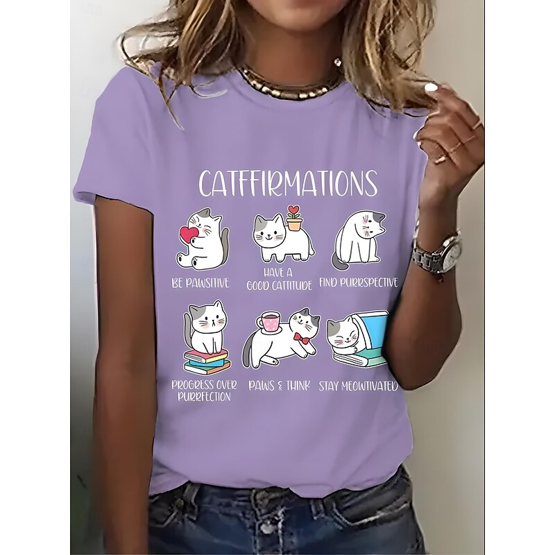 Women's T Shirt Graphic Animal Cat Vintage Stylish Classic Short Sleeve Crew Neck Round Neck Regular Tops Daily Weekend Print Black White Pink Blue Purple Summer Spring4