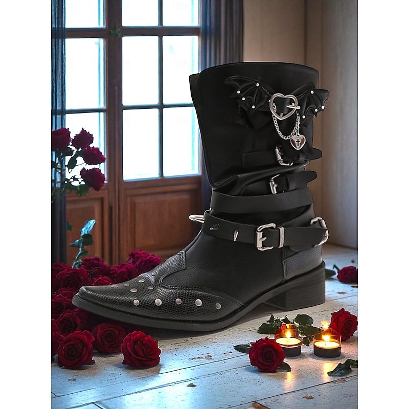 Women's Black Punk Gothic Ankle Boots with Bat and Cross Details - Spiked and Studded Design, 1980s Alternative Fashion, Ideal for Nightlife Events, Halloween Parties, and Retro Style Enthusiasts4