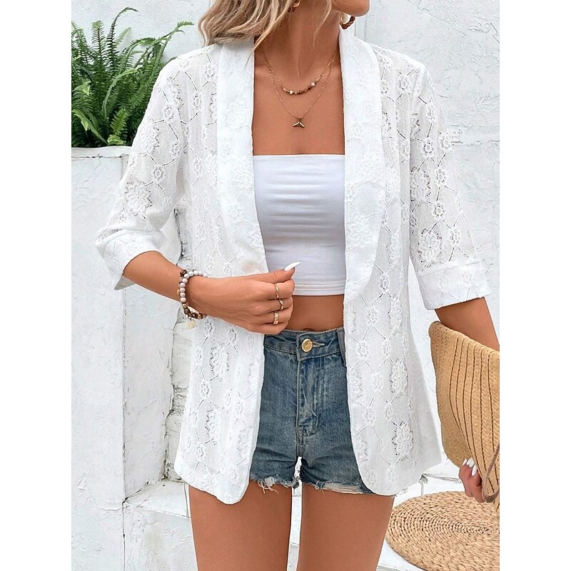 Women's Blazer Breathable Comfortable Lace Patchwork Elegant Casual Plain Office Street Casual Daily Wear Open Front Regular Turndown Regular Fit 3/4 Length Sleeve Outerwear White Summer Spring3