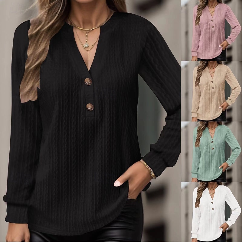 Women's Blouse Plain Modern Casual Long Sleeve V Neck Regular Tops Daily Holiday Going out Buttons Black White Pink Green Khaki Fall