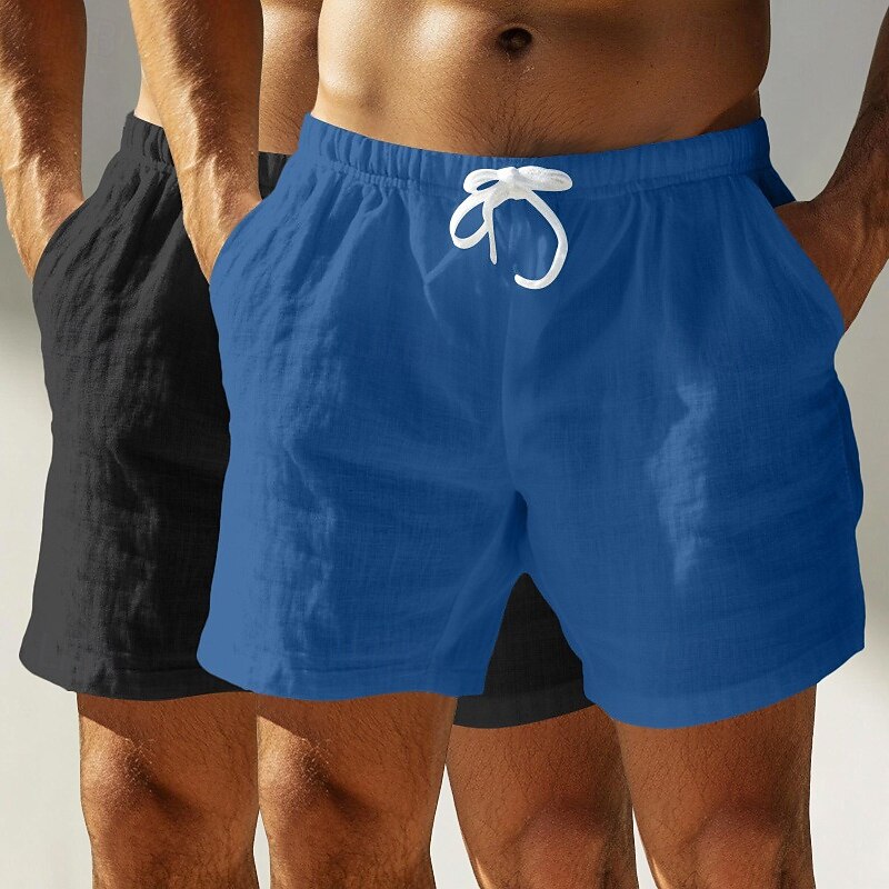 Men's Shorts Linen Shorts Summer Shorts Beach Shorts Pocket Elastic Waist Drawstring Plain Comfort Breathable Short Outdoor Daily Running Vacation Fashion White+Green White+Black2