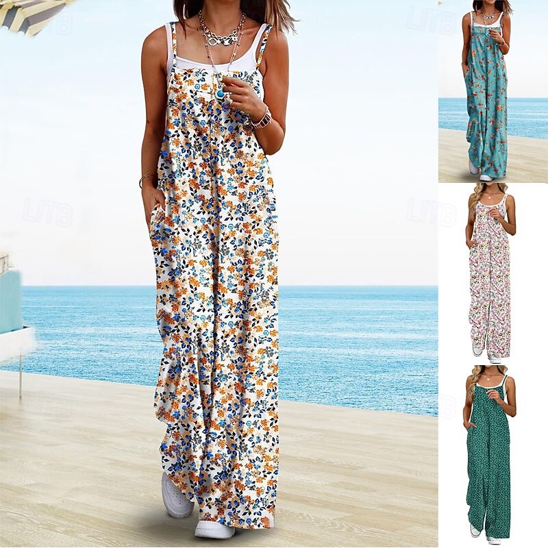 Women's Normal Jumpsuit Active Floral Sleeveless Wide Leg Round Neck Pocket High Waist Vacation Daily Regular Fit Yellow Pink Army Green Summer - Main Image