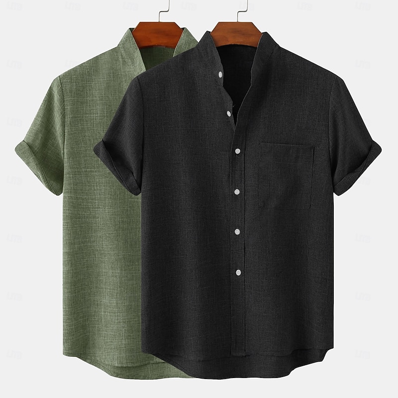 Men's Linen Shirt Summer Shirt Beach Wear Casual Shirt Band Collar Shirt Plain Vacation Casual White+Yellow Pink+Yellow White+Green Gray+Pink Short Sleeve Mandarin Collar Summer Spring & Summer2