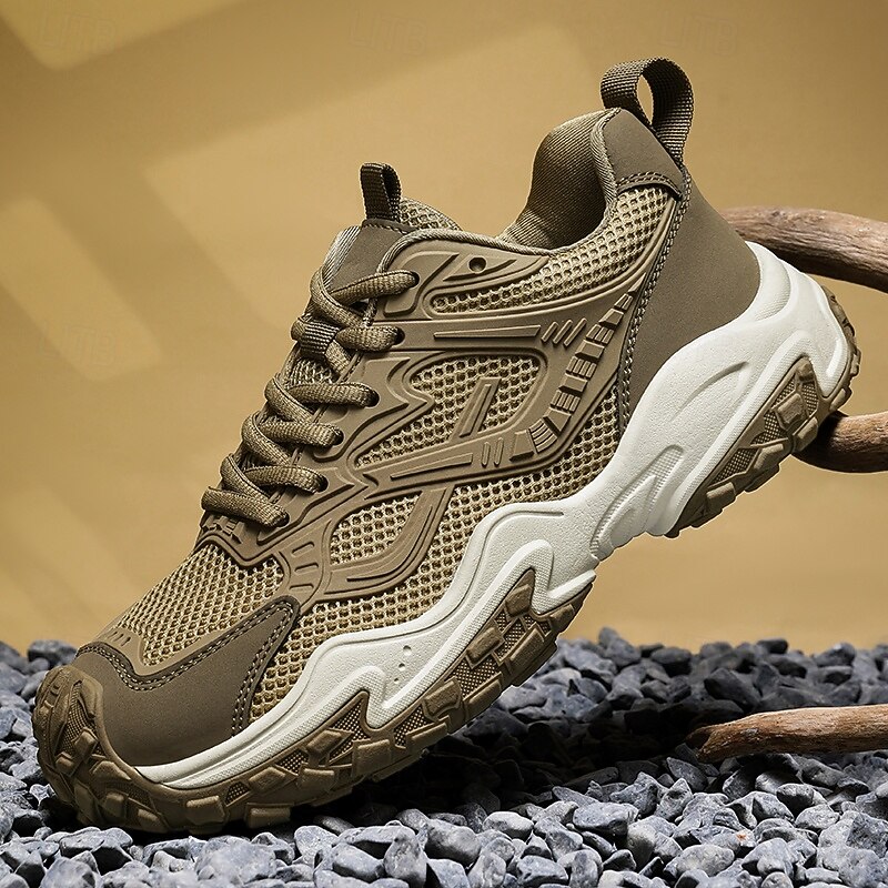 Men's Olive Green Hiking Sneakers - Durable Outdoor Walking Shoes with Breathable Mesh and Robust Sole for Trail Walking Camping and Daily Outdoors