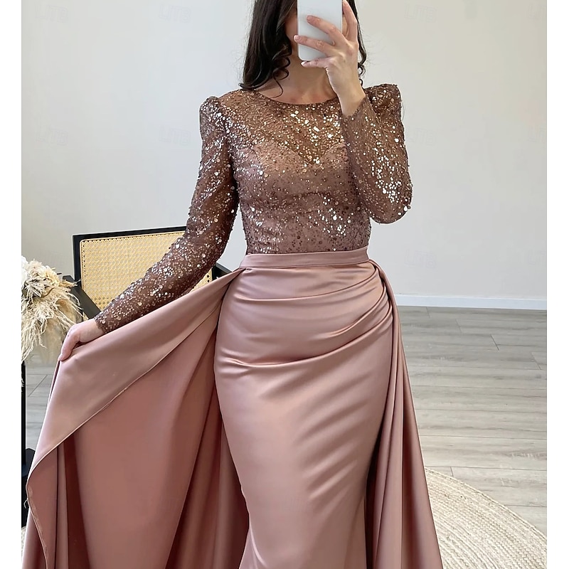 Mermaid / Trumpet Evening Gown Elegant Dress Carnival Formal Floor Length Long Sleeve Illusion Neck Detachable Satin with Pearls Overskirt