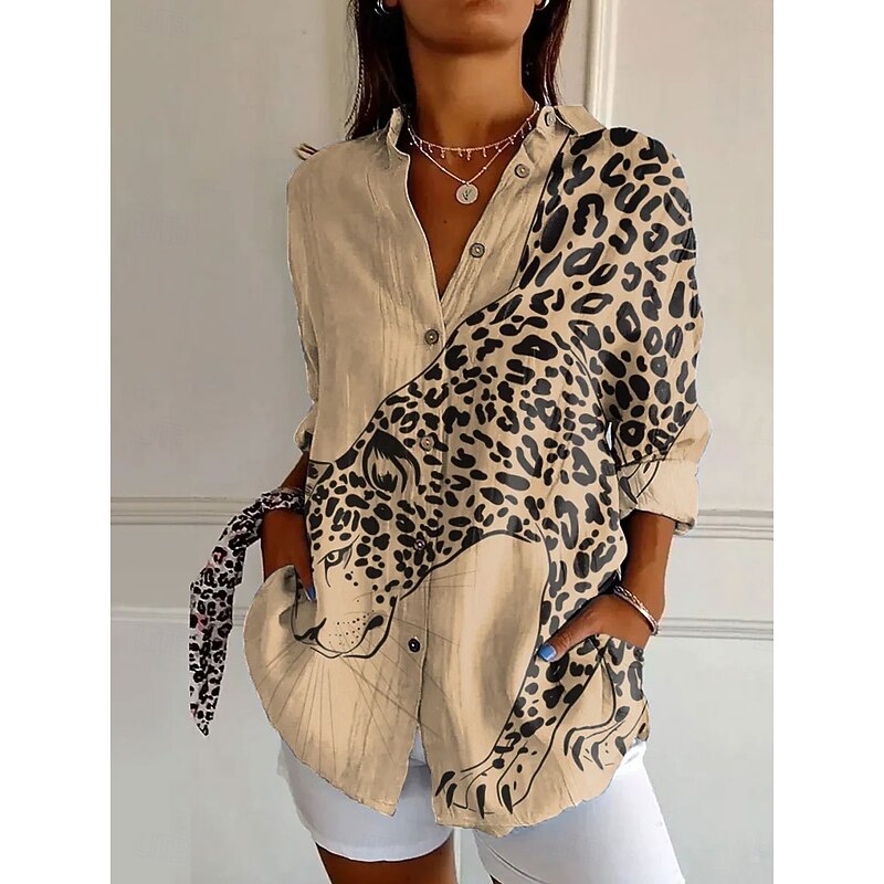 Women's Shirt Button Down Tunic Shirt Collar Long Sleeve Graphic Animal Daily Stylish Casual Regular Tops Daily Holiday s Print Pink Blue Green Khaki Spring Fall4