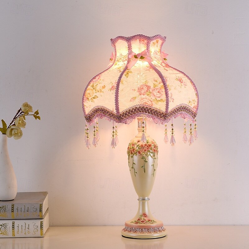 Bedside Lamps Table Lamp Traditional for Living Room Retro Bedroom Lamp Resin with Fabric Lampshade for Bedside Table Nightlamps