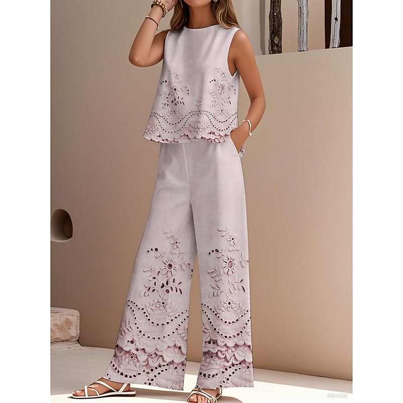 Women's Elegant Fashion Streetwear Two Piece Sets Blouse Vest Pants Trousers Sleeveless Crew Neck Outdoor Work Casual Floral Print Vacation Daily Holiday Pink Blue Summer Regular Fit