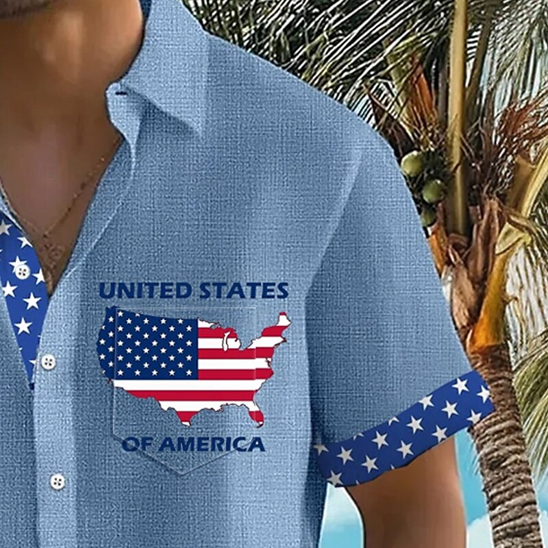 Independence Day Men's Map US Flag Patriotic Shirt Summer Shirt Button Up Shirt Short Sleeve Fashion Casual Vacation Holiday Streetwear Summer Turndown 3D Print Front One Pocket Linen Like Shirt Blue2