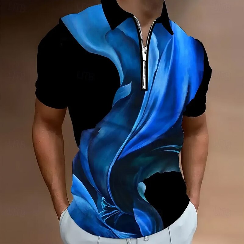 Men's Abstract Geometic Zip Polo Short Sleeve Turndown Modern Casual / Sporty Athleisure Casual Daily 3D Print Summer Robin's Egg Blue Red2