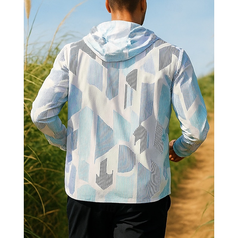 Men's Hoodie Jacket Running Jacket Outdoor Jacket Full Zip Long Sleeve Outerwear Athletic Geometric Windproof Quick Dry Lightweight Breathable Tennis Golf Running Sportswear Activewear Light Blue2