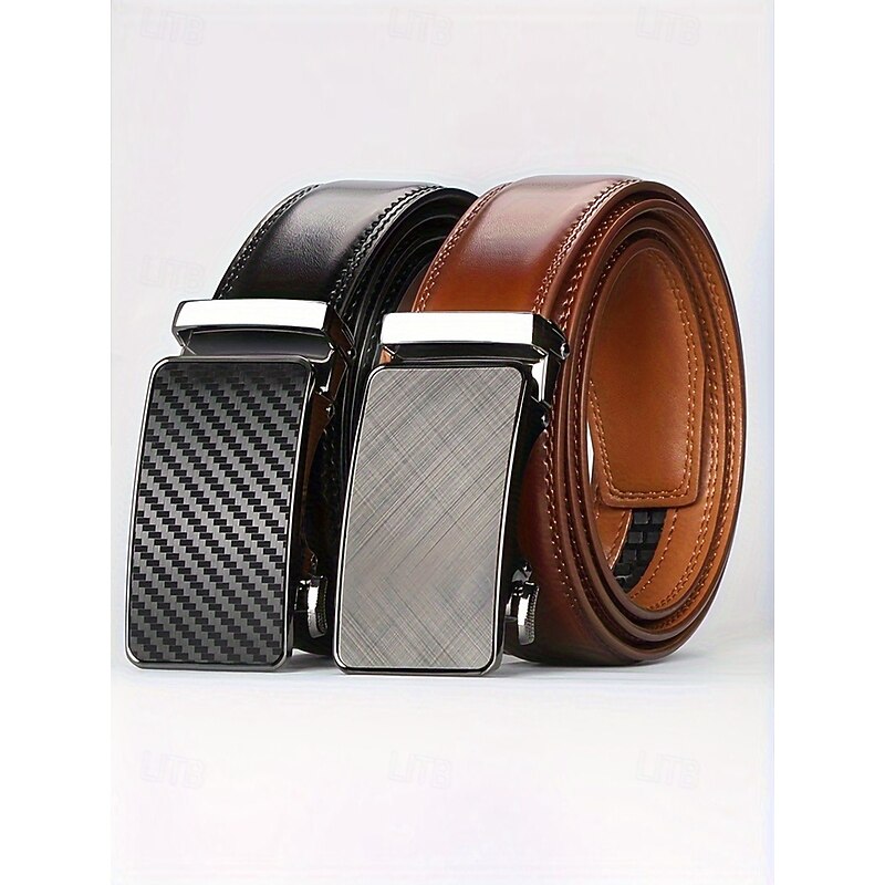 Men's Genuine Leather Ratchet Belt with Carbon Fiber Automatic Buckle, Classic Business Style Adjustable Waistband for Professionals and Formal Occasions3