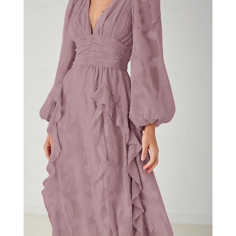 A-Line Mother of the Bride Dress Elegant Simple Minimalist V Neck Wedding Guest Dress Floor Length Floral Chiffon Lace Long Sleeve with Ruched Cascading Ruffles4