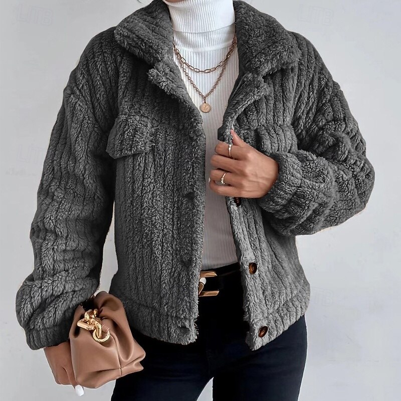 Women's Teddy Coat Warm Comfortable Buttons Casual Plain Daily Wear Going out Weekend Single Breasted Regular Turndown Regular Fit Long Sleeve Outerwear Black Brown Dark Blue Fall Winter3