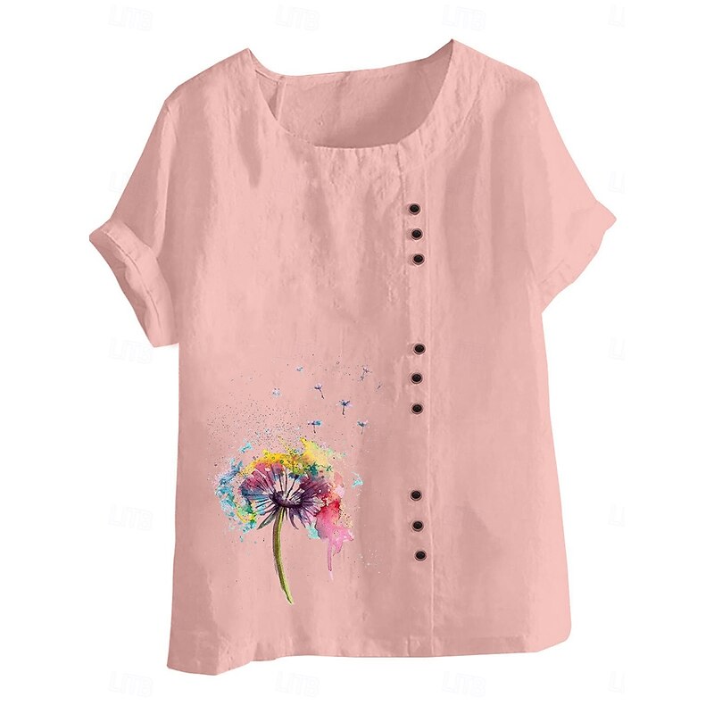 Women's Blouse Floral Graphic Stylish Casual Short Sleeve Crew Neck Regular Tops Daily Going out Buttons Print White Pink Purple Brown Green Summer Spring2