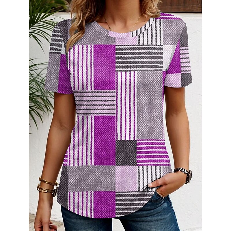 Women's T Shirt Graphic Geometric Vintage Stylish Classic Short Sleeve Crew Neck Regular Tops Daily Weekend Print Red Blue Purple Gray Summer Spring4