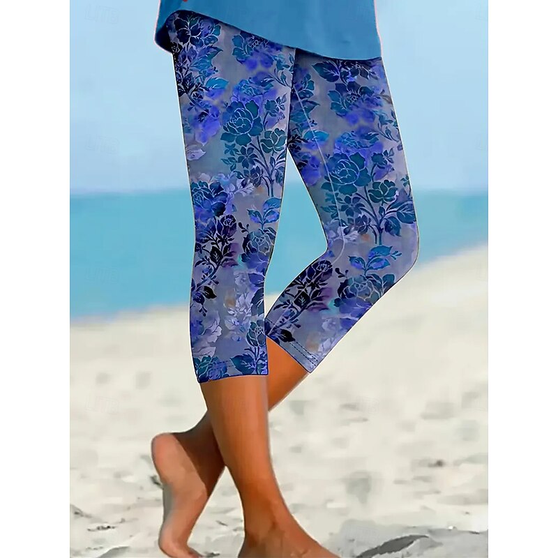 Women's Capri Pants Leggings Vacation Vintage Ethnic Style Calf-Length High Waist Floral Graphic Leaf Soft Comfortable Breathable Stretchy Vacation Causal Casual Maroon Azure Orange red Summer Spring4