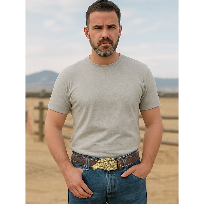 Men's Eagle Head Buckle Western Belt – Vintage Embossed Faux Leather Belt with Stud Details for Cowboys, Outdoor Events and Country Style2