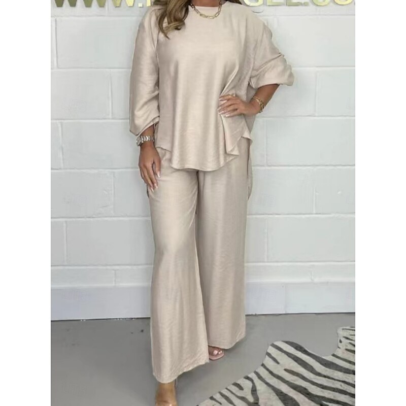 Women's Fashion Streetwear Daily Pants Sets Long Sleeve Crew Neck Solid Color Print Casual Daily Khaki Beige Gray Summer Regular Fit