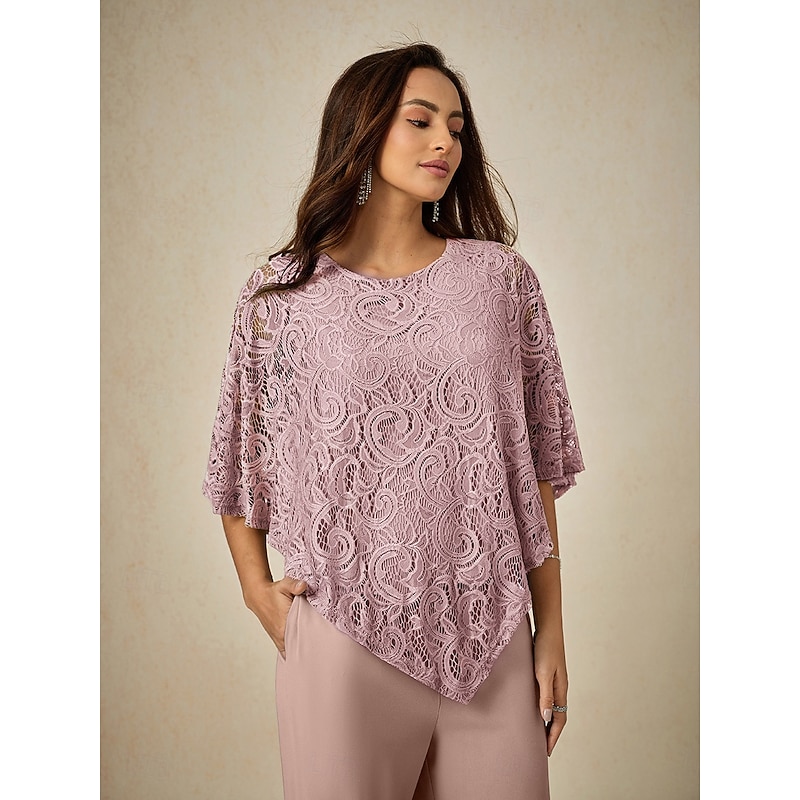 Women's Blouse Dressy Tops Plain Elegant Half Sleeve Crew Neck Regular Tops Wedding Guest Daily Lace Patchwork Layered Blush Pink Summer Spring