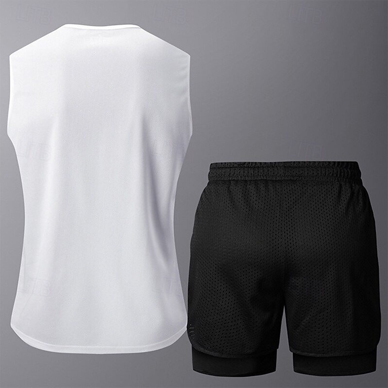 Men's Activewear Set Sports Set Elastic Waistband Solid Colored Clothing Suit Summer White Army Green Gym Workout Sports Soft Quick-drying Sleeveless Sport Activewear Micro-elastic Regular Fit4