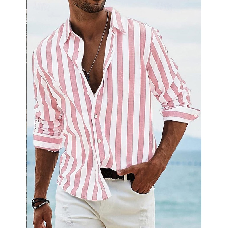 Men's Shirt Summer Shirt Beach Wear Button Up Shirt Light Pink Black Pink Sky Blue Dark Grey Long Sleeve Striped Collar Vacation Curise Clothing Apparel Fashion Leisure Hawaiian