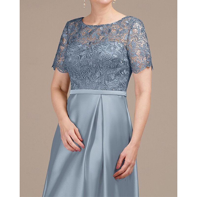 A-Line Mother of the Bride High-low Dress Elegant Simple Minimalist Boat Neck Floor Length Satin Short Sleeve with Floral Lace2