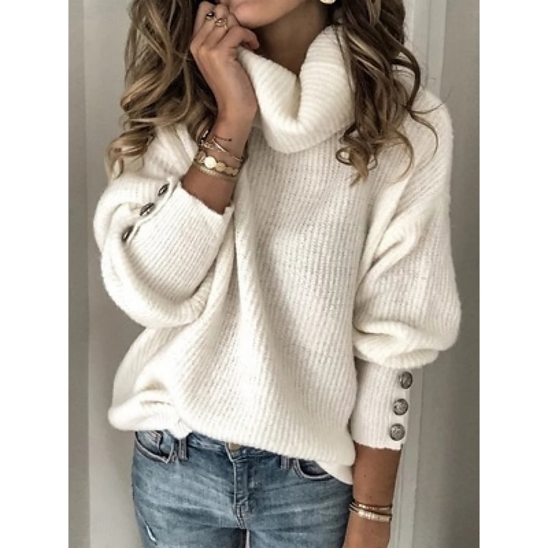 Women's Sweater Casual Soft Pure Color Ribbed Turtleneck Buttons Knitted Long Sleeve Regular Tops Knit Outdoor Daily Weekend White Pink Fall Winter