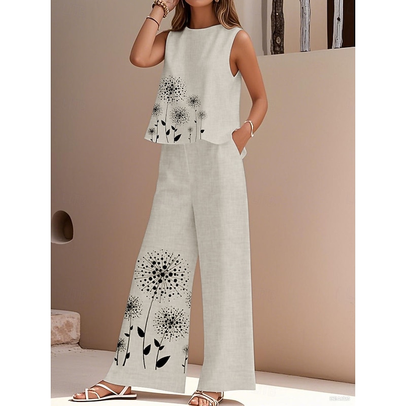 Women's Elegant Fashion Streetwear Two Piece Sets Blouse Vest Pants Trousers Sleeveless Crew Neck Outdoor Work Casual Floral Print Vacation Daily Holiday White Royal Blue Blue Summer Regular Fit