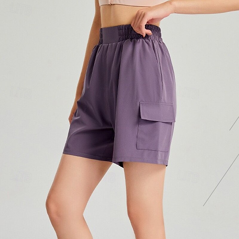 Women's Yoga Shorts Workout Shorts Pocket Gym Pilates Running Bottoms Solid Color Black Blue Purple Sports Activewear Loose Fit3