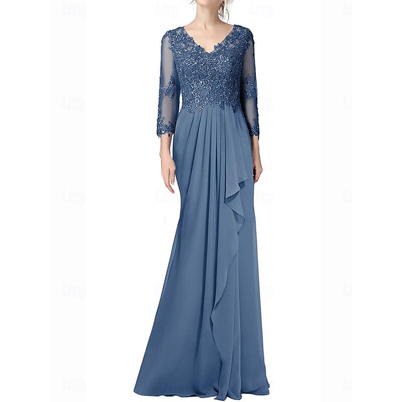 A-Line Mother of the Bride Dress Elegant V Neck Floor Length Chiffon 3/4 Length Sleeve with Pleats4