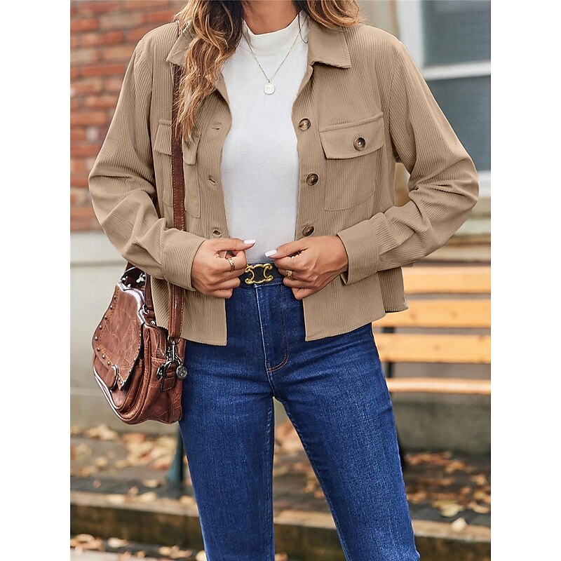 Women's Casual Jacket Shacket Comfortable Breathable Pocket Fashion Casual Plain Vacation Street Casual Daily Wear Single Breasted Short Turndown Regular Fit Long Sleeve Outerwear Black White Pink