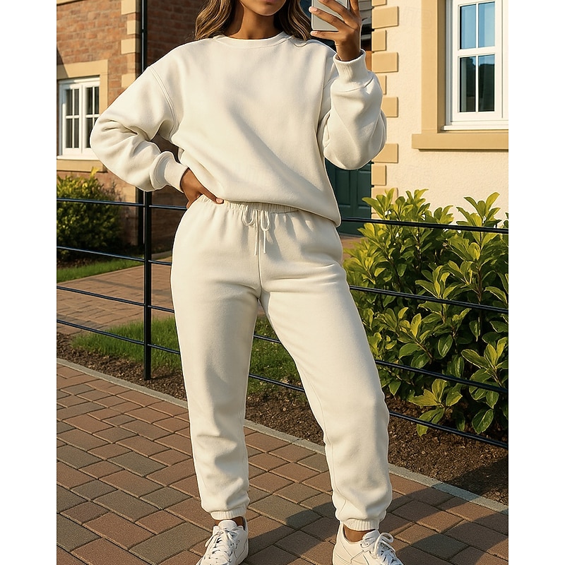 Women's Tracksuit Sweatpants Pullover Sweatshirt Pocket Solid Colored Clothing Suit Spring Black White Gym Training Running Windproof Long Sleeve Sport Activewear Micro-elastic Regular Fit4