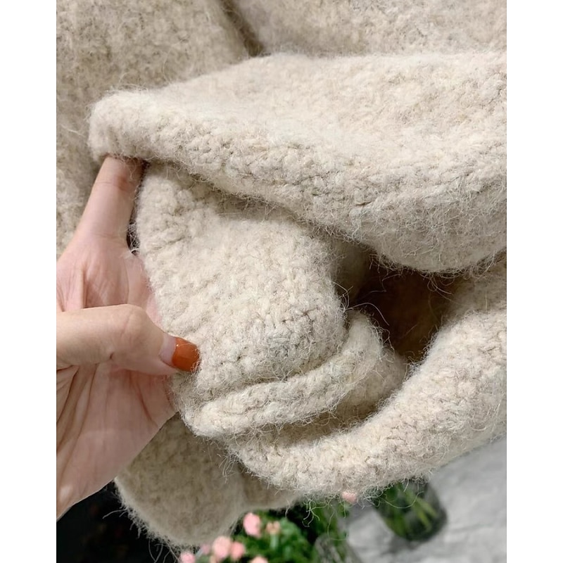 Women's Cardigan Fashion Solid Color Ribbed V Neck Knitted Long Sleeve Regular Tops Knit Outdoor Daily Going out Beige Coffee Fall3