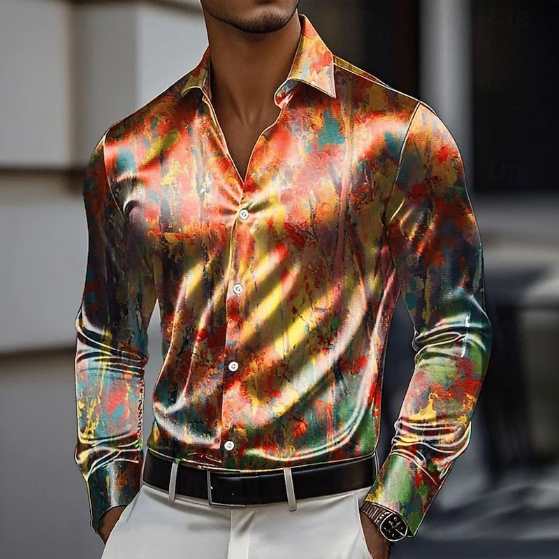 Men's Tie Dye Multi Color Satin Shirt Dress Shirt Button Up Shirt Long Sleeve Fashion Casual Vacation Holiday Summer Spring Fall Turndown Collared Shirts 3D Print Orange