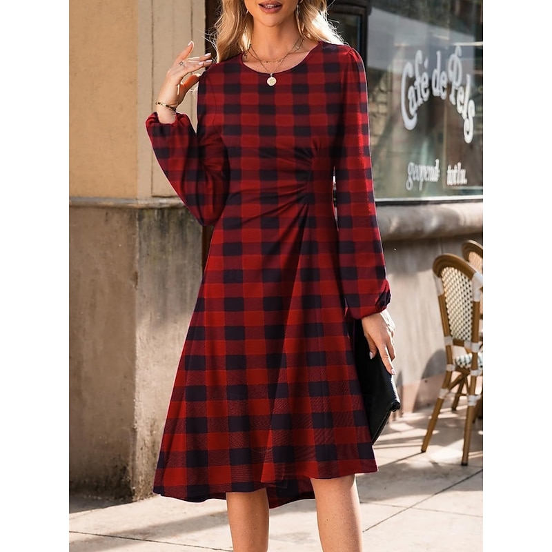 Women's Mini Dress A Line Dress Semi Formal Office Regular Fit Plaid Plain Long Sleeve Crew Neck Black Wine Red Summer Fall
