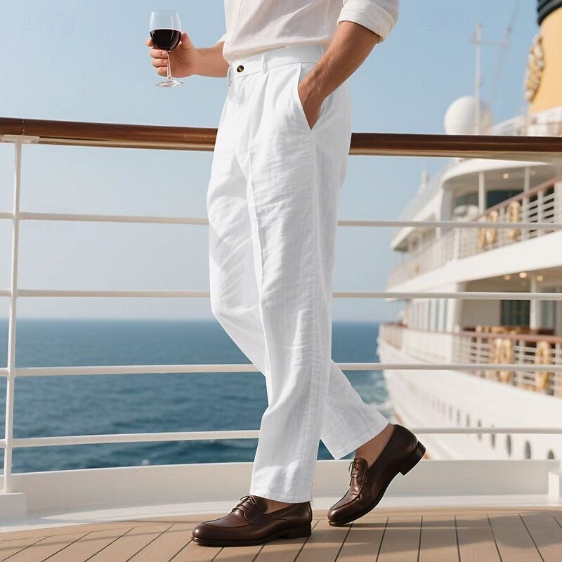 Men's Linen Pants Trousers Summer Pants Beach Pants Pocket Straight Leg Plain Comfort Breathable Vacation Daily Holiday Hawaiian Boho Black White2