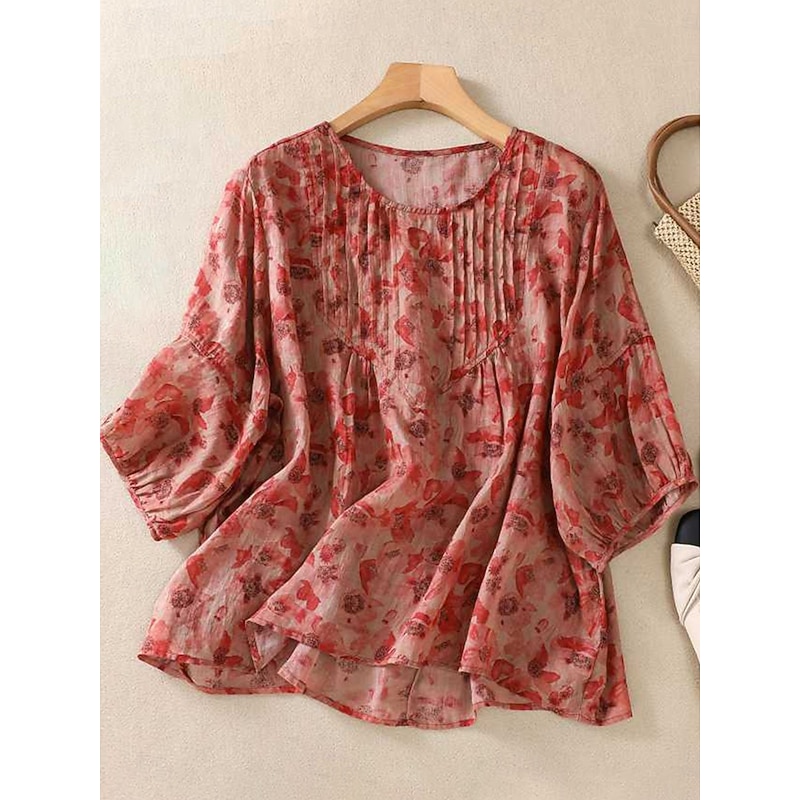 Women's Cotton Linen Shirts Floral Casual 3/4 Length Sleeve Crew Neck Regular Tops Daily Print Black Red Purple Green Summer