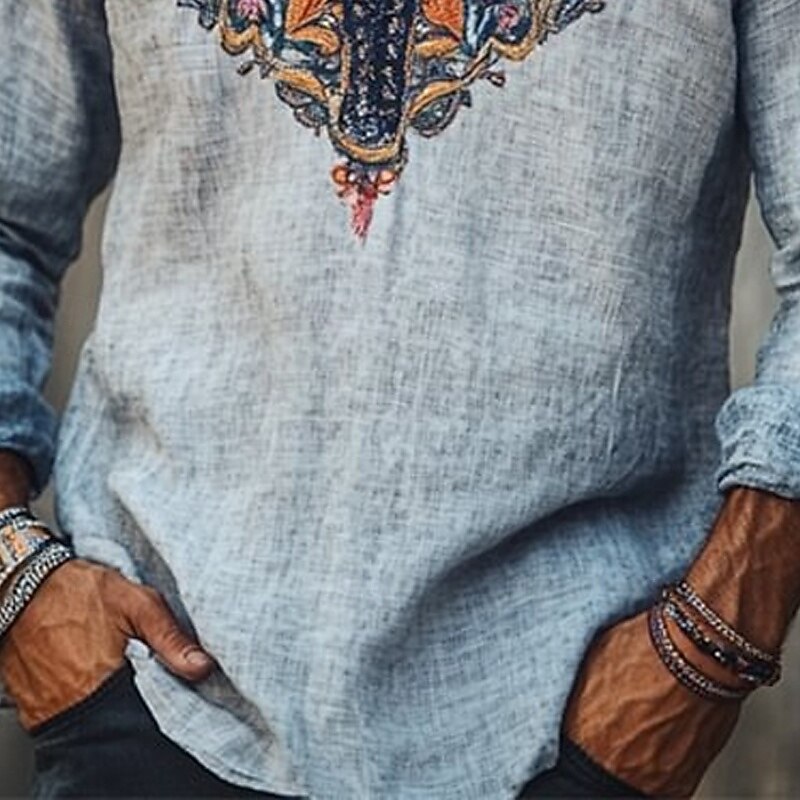 Men's Linen Shirt Summer Shirt Vintage Shirt Ethnic Shirt Long Sleeve Shirt Embroidered Vacation Street Blue Long Sleeve V Neck Summer Spring Clothing Apparel Medieval Knight3