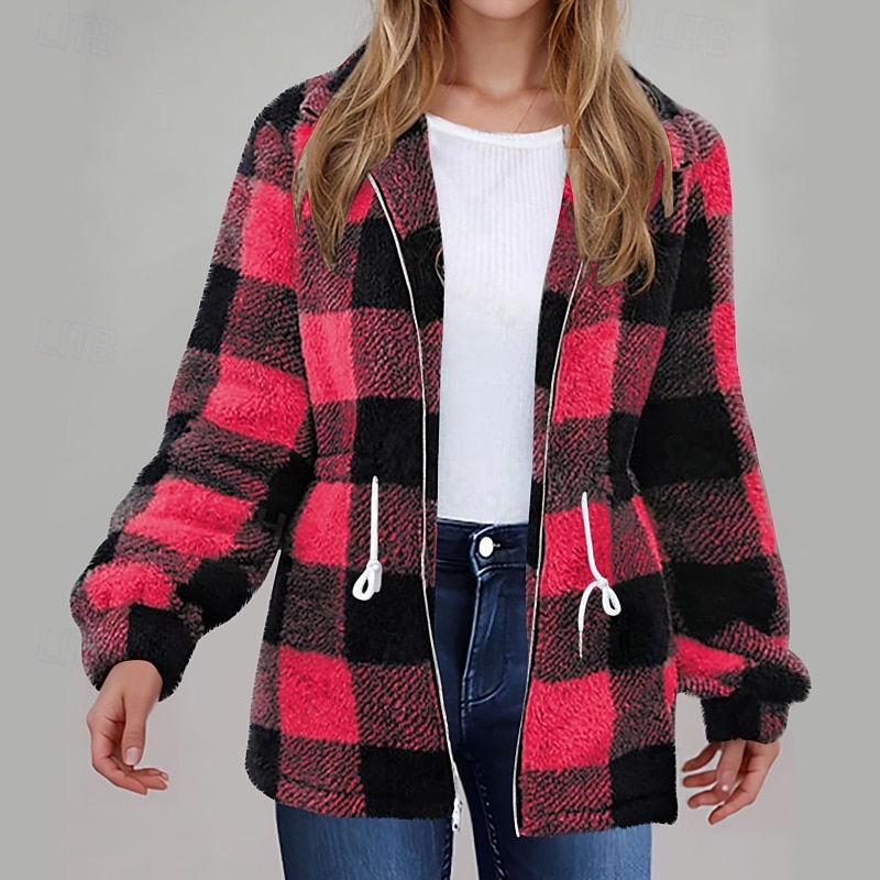 Women's Casual Jacket Warm Comfortable Zipper Pocket Casual Plaid Street Going out Weekend Zipper Regular Turndown Regular Fit Long Sleeve Outerwear Black Yellow Pink Fall Winter2