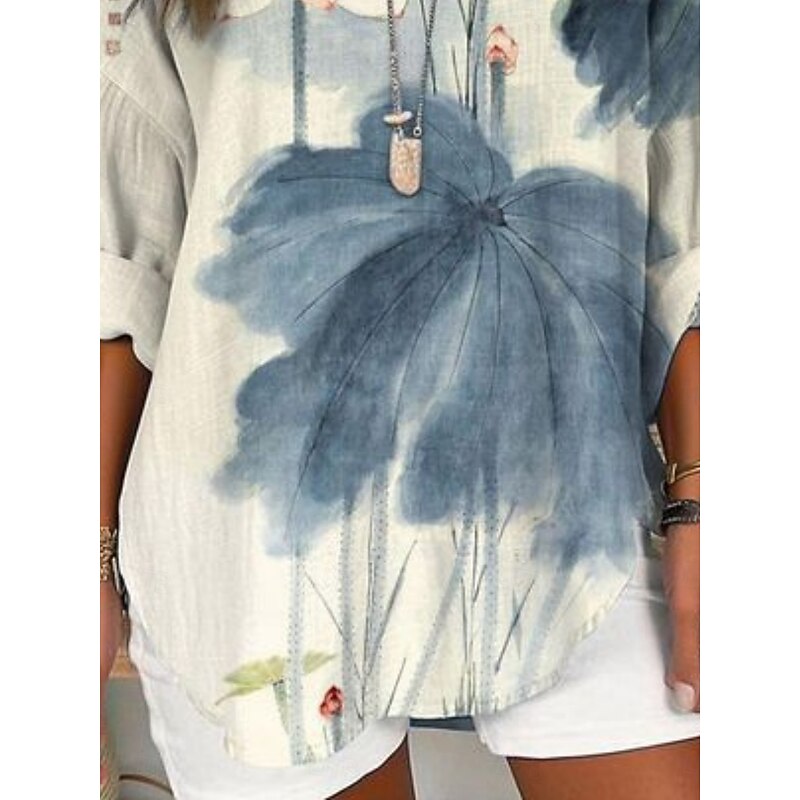 Women's Shirt Floral Stylish Modern Long Sleeve V Neck Regular Tops Daily Holiday Buttons Print Blue Summer3