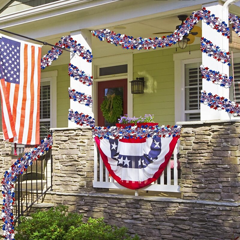 3 Pcs Patriotic Tinsel Garland 4th of July Decorations Total 19.7 Ft  Red White Blue Metallic Glitter Stars Garland Memorial Day National Independence Day Decor Home4