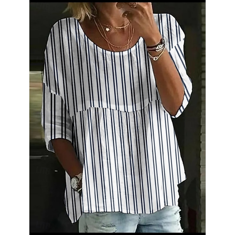 Women's Blouse Striped Stylish 3/4 Length Sleeve Crew Neck Regular Tops Daily Holiday Print White Blue Green Rainbow Summer4