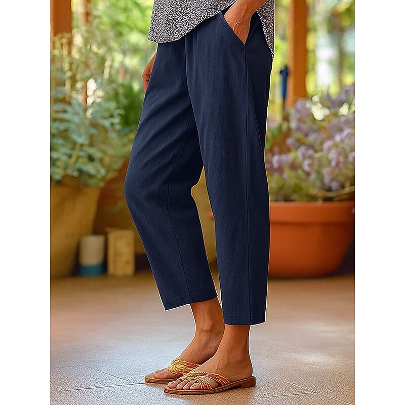Women's Cotton Linen Pants Vacation Vintage Fashion Full Length Mid Waist Solid Color Comfy Quick Dry Breathability Micro-elastic Outdoor Vacation Office Black White Navy Blue Beige Fall Loose Fit3