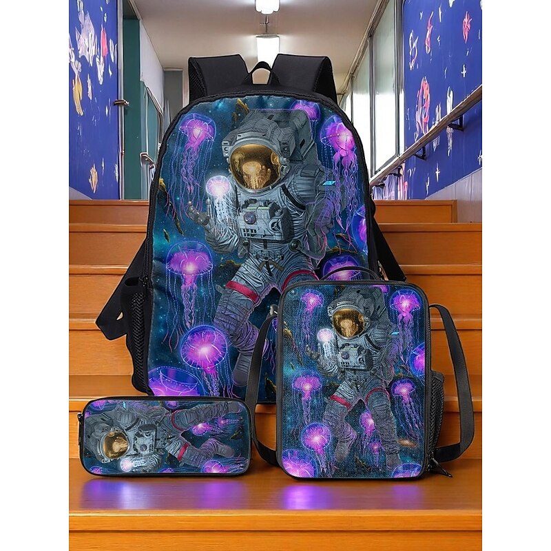 3-Piece Space Astronaut School Backpack Set with Jellyfish Print – Includes Lunch Bag & Pencil Case – Stylish Galaxy Design for Kids, Teens and Students, Ideal for School and Travel Vincent Hie2